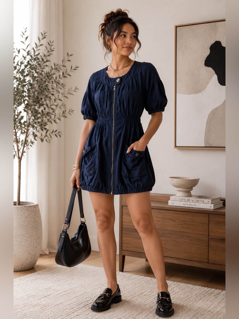 Forever 21 Navy Zip Front Tunic Top | Cotton Linen Blend | Size Medium